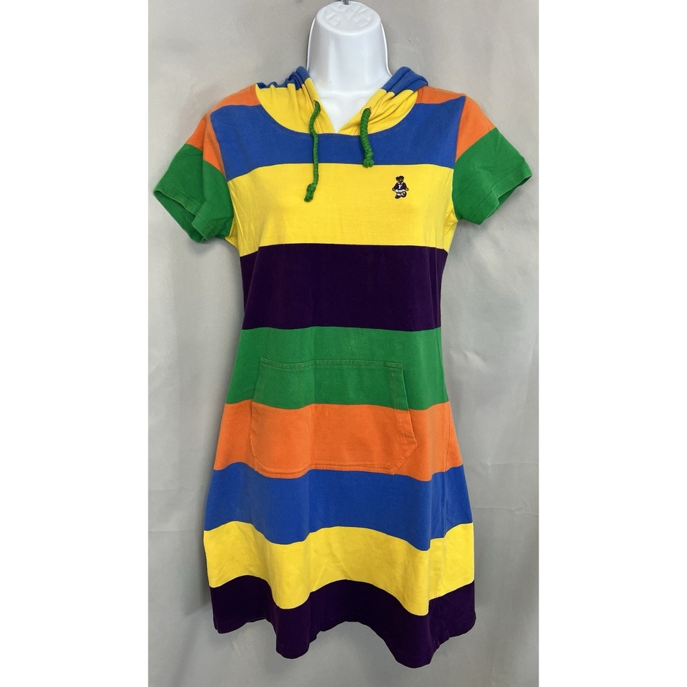Vintage Multicolor Striped Hood Shirt Dress Short Sleeve Med Y2K